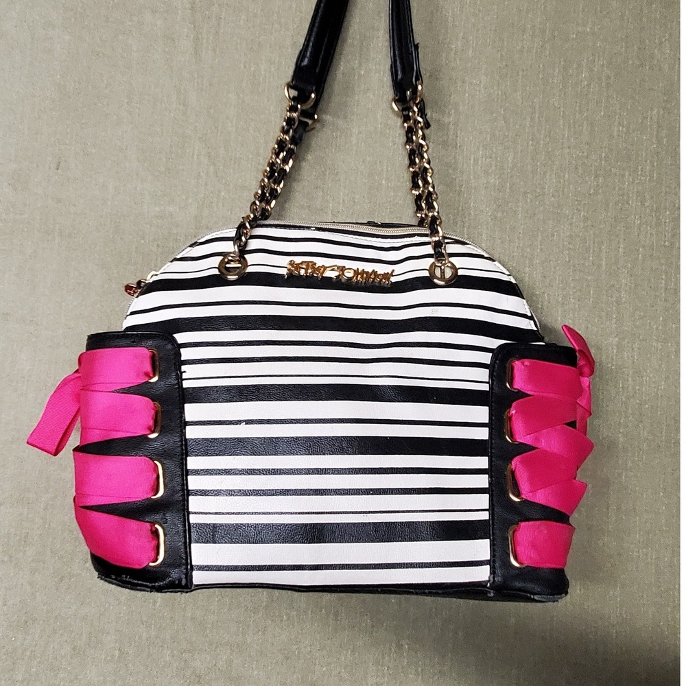 Betsey Johnson Bownanza Striped Satchel Handbag Black White Pink Ribbon Corset